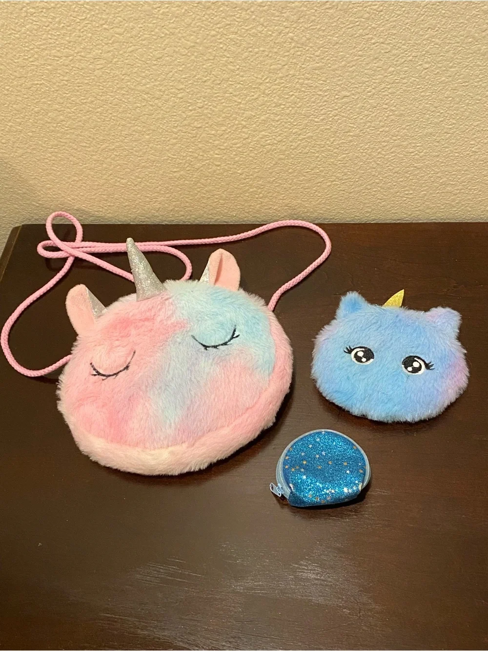 Bundle of girls plush unicorn purse and coin purse